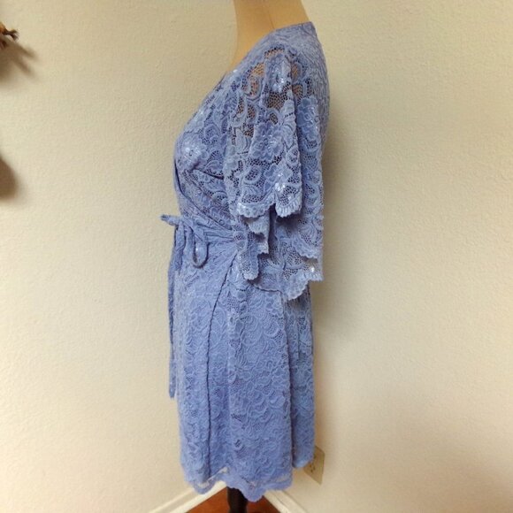 Francesca's Blue Lace Wrap Dress with Flutter Sleeves - Picture 5 of 7